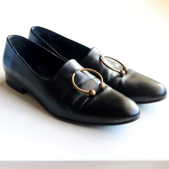 Freda Salvador Black Leather Low Heel Loafers Slip-on Shoes with Ring Detail - Picture 13 of 16